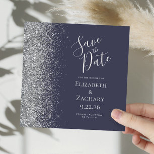 Square Dark Blue Silver Glitter Save the Date Announcement