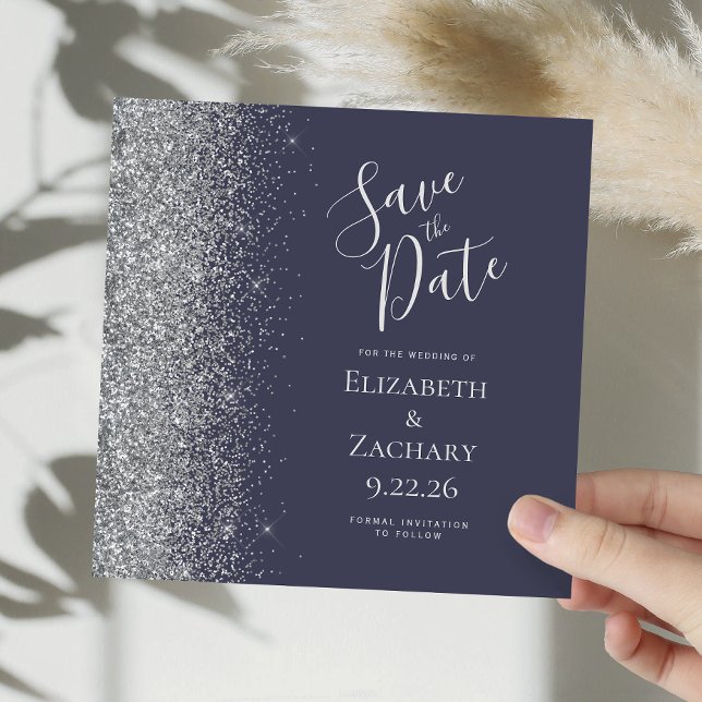 Square Dark Blue Silver Glitter Save the Date Announcement (Creator Uploaded)