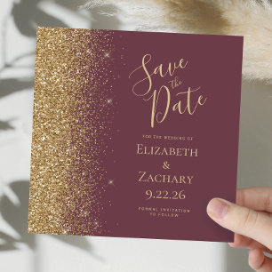 Square Dark Burgundy Gold Glitter Save the Date Announcement