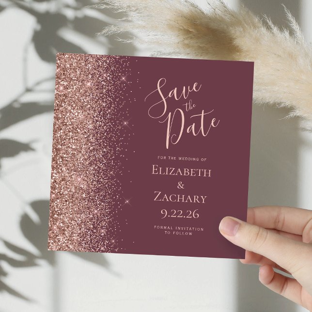 Square Dark Burgundy Rose Gold Save the Date Announcement (Creator Uploaded)