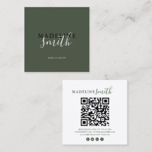 Square Dark Green Script QR code Business Card