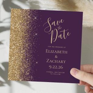 Square Dark Purple Gold Glitter Save the Date Announcement