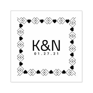 Square Deco Diamond Heart Initial Logo Wedding Rubber Stamp
