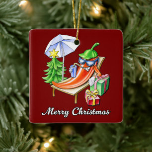 Square Deep Red Merry Christmas Pepper Ceramic Ornament
