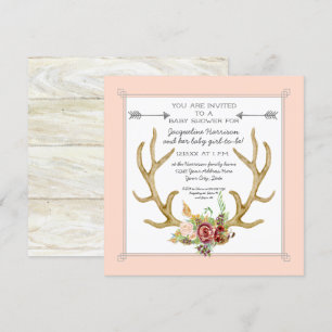 Square Deer Antler Blush Floral Baby Girl Shower Invitation