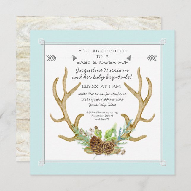 Square Deer Antler Pine Cone Ferns Baby Boy Shower Invitation (Front/Back)