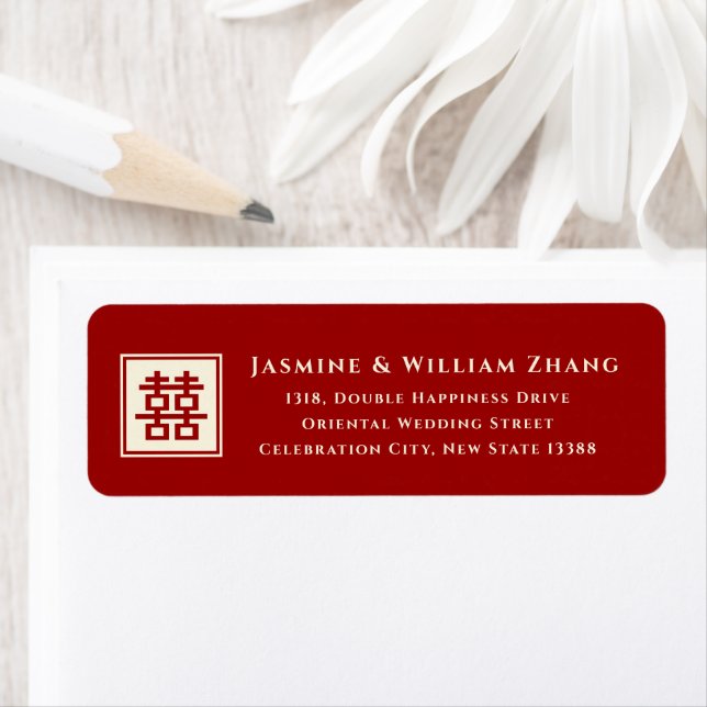 Square Double Happiness Classic Chinese Wedding Return Address Label (Insitu)