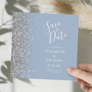 Square Dusty Blue Silver Glitter Save the Date Announcement