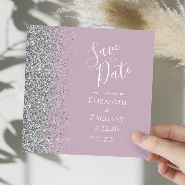 Square Dusty Lilac Silver Glitter Save the Date Announcement (Creator Uploaded)