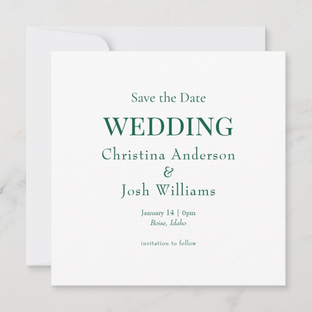 Square Emerald Green Wedding Save the Date Invitation (Front)