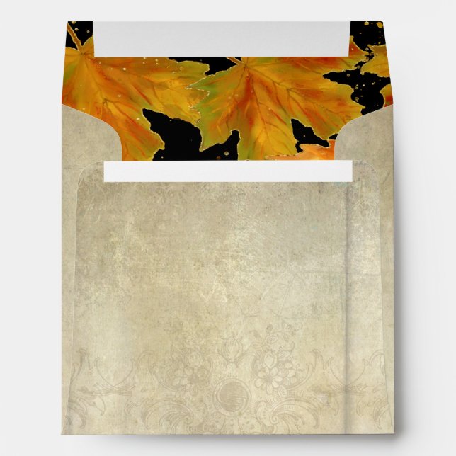 Square Fall Autumn Falling Leaves Elegant Wedding Envelope (Back (Bottom))