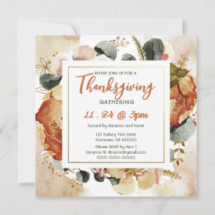 Square Fall Floral Burnt Orange Thanksgiving  Invitation