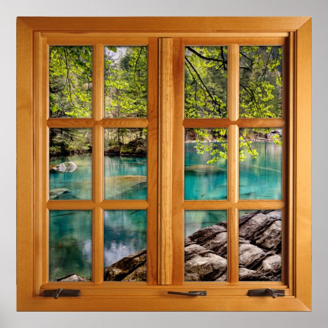 Square Faux Window Illusion - Calming Lake Poster (Front)