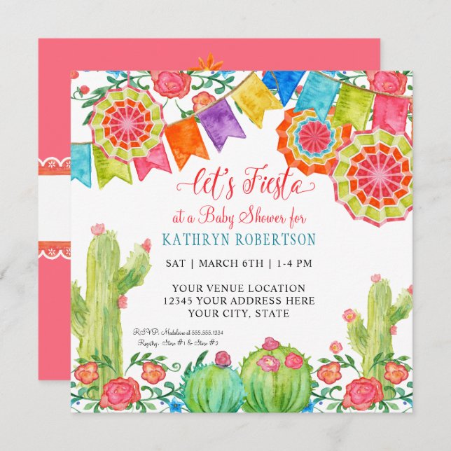Square Fiesta Cactus Baby Shower Girl Paper Fan Invitation (Front/Back)