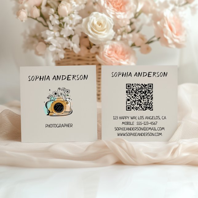 Square Floral Camera Photographer with QR Code  Business Card (Creator Uploaded)