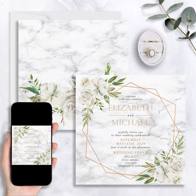 Square Floral Copper Geometric Marble Wedding Invitation (Creator Uploaded)
