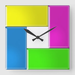 square from yellow, purple, green and blue shapes wall clock