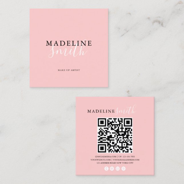 Square Girly Pink Script QR code Business Card (Front/Back)