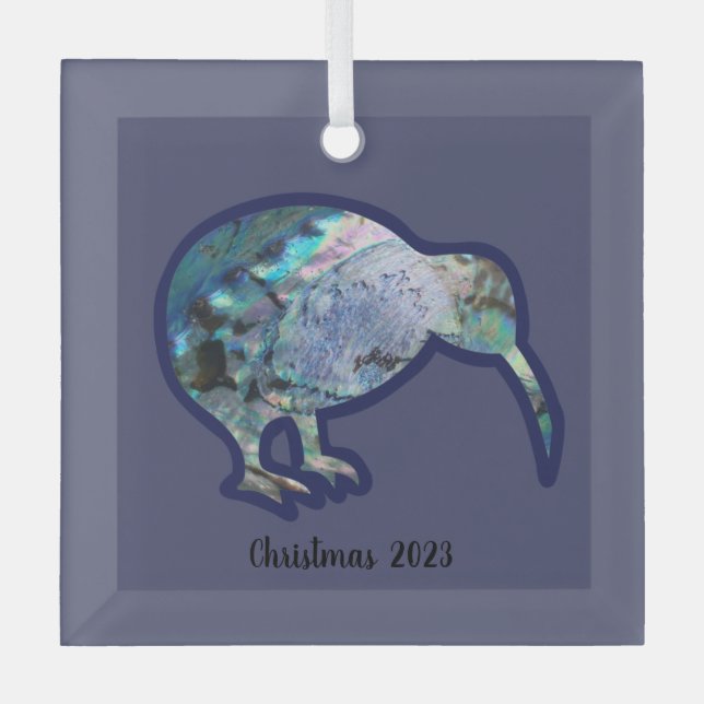 Square Glass Pāua Kiwi Bird Xmas Decoration (Front)