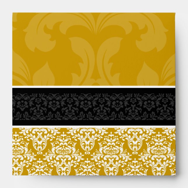 Square Gold Black & White Damask Lined Envelopes (Front)