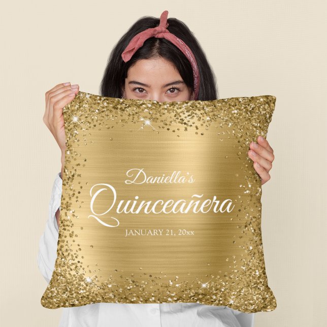 Square Gold Glitter Border and Foil Quinceañera Cushion (Birthday Gift for Your Daughter)