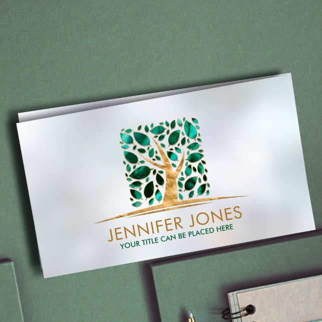 Square Gold  Tree of life Art- Malachite leaves Business Card (Creator Uploaded)
