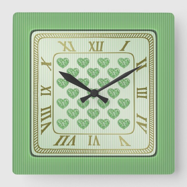Square Green and White Tile Hearts Pattern Wall Clock (Front)