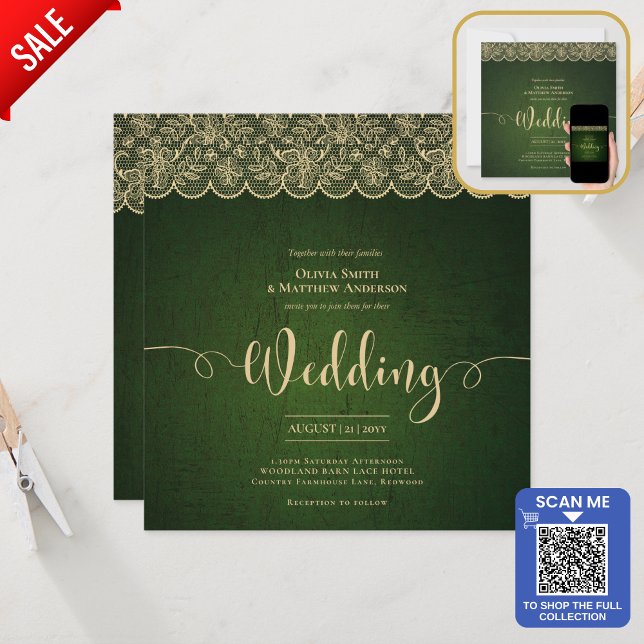 SQUARE Green Gold Lace Wedding Print or DOWNLOAD Invitation (Creator Uploaded)