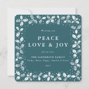 Square Green Hand Printed Holly Peace Love + Joy Holiday Card