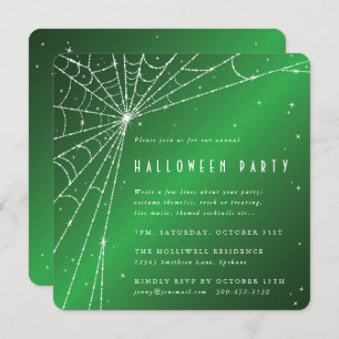 Square Green Sparkling Spider Web Halloween Party Invitation