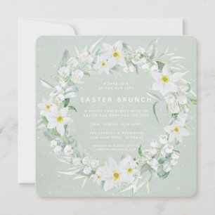 Square Green + White Floral Wreath Easter Brunch Invitation