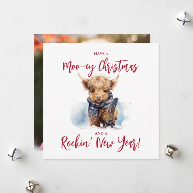 Square Highland Cow Christmas Photo Card (Front/Back In Situ)