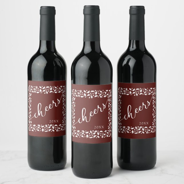 Square Holly Leaf Frame with Cheers Script & Date Wine Label (Bottles)