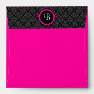 Square Hot Pink Damask Flap Monogram Envelopes