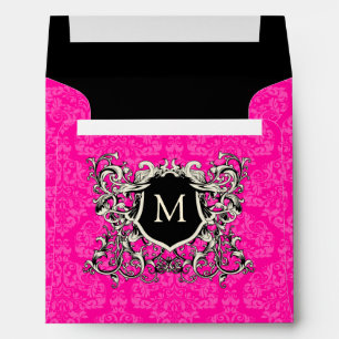 Square Hot Pink Damask Monogram Crest Envelopes
