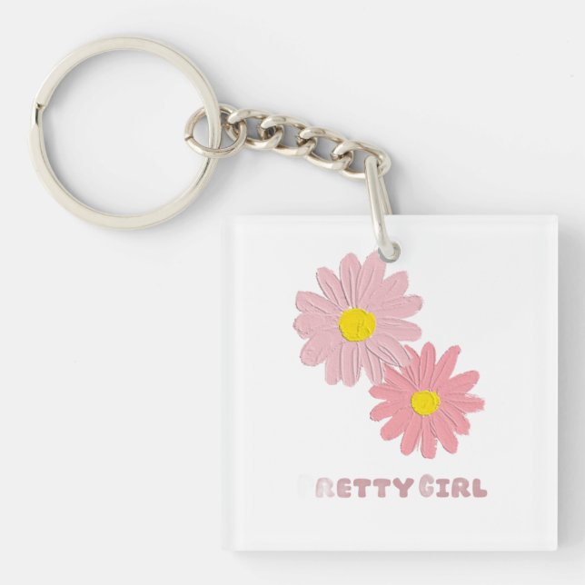 Square keychain with pink daisy flowers (Front)