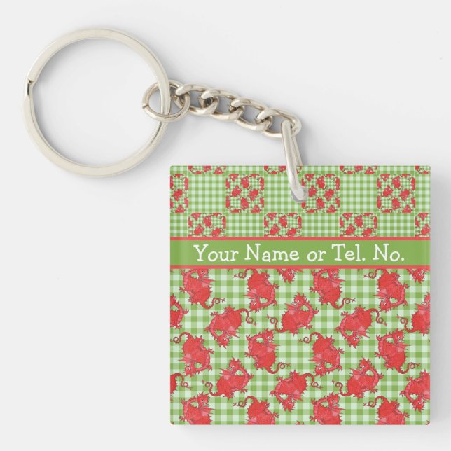 Square Keyring to Personalise: Cute Red Dragons (Front)