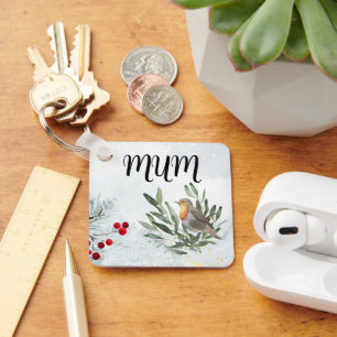 Square keyring with christmas robin