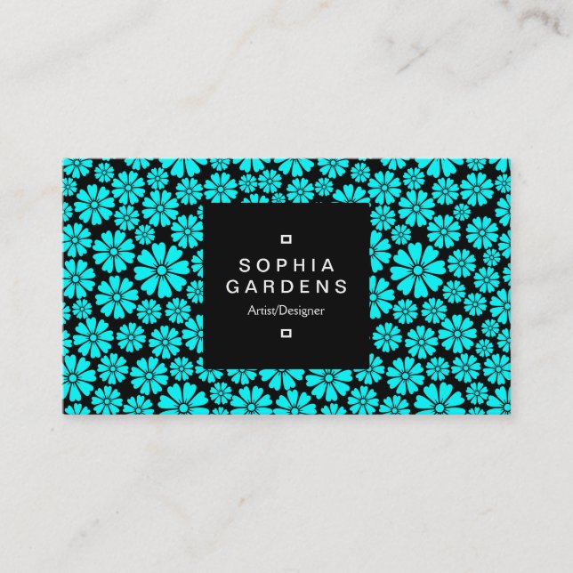 Square Label 01a - 8 Petals - Cyan on Black Business Card (Front)