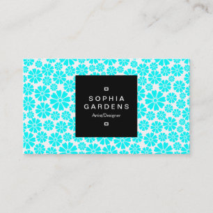 Square Label 01a - 8 Petals - Cyan on White Business Card