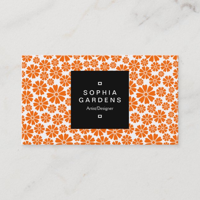 Square Label 01a - 8 Petals - Orange on White Business Card (Front)