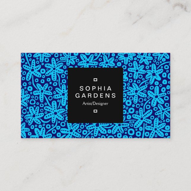 Square Label 01a - Flower Patt - Shades of Blue 03 Business Card (Front)