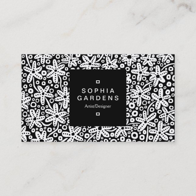 Square Label 01a - Flower Pattern - White on Black Business Card (Front)