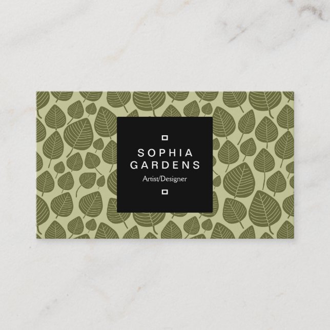 Square Label 01a - Leaf pattern 02 - Olive Shades Business Card (Front)
