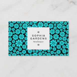 Square Label 03a - 8 Petals - Cyan on Black Business Card
