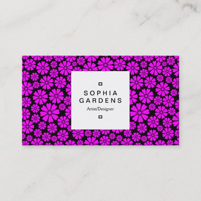 Square Label 03a - 8 Petals - Magenta on Black Business Card (Front)