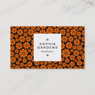 Square Label 03a - 8 Petals - Orange on Black Business Card