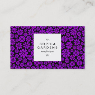 Square Label 03a - 8 Petals - Purple on Black Business Card