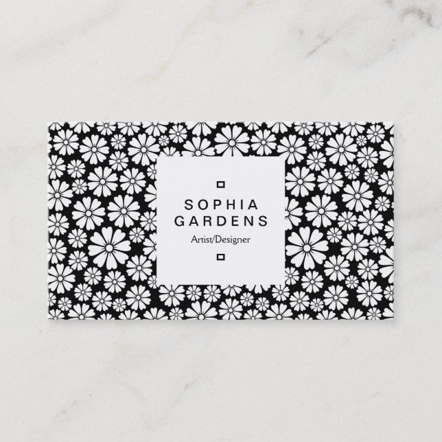 Square Label 03a - 8 Petals - White on Black Business Card (Front)
