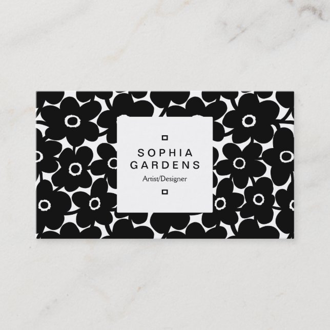 Square Label 03a - Bold Flower - Black Business Card (Front)